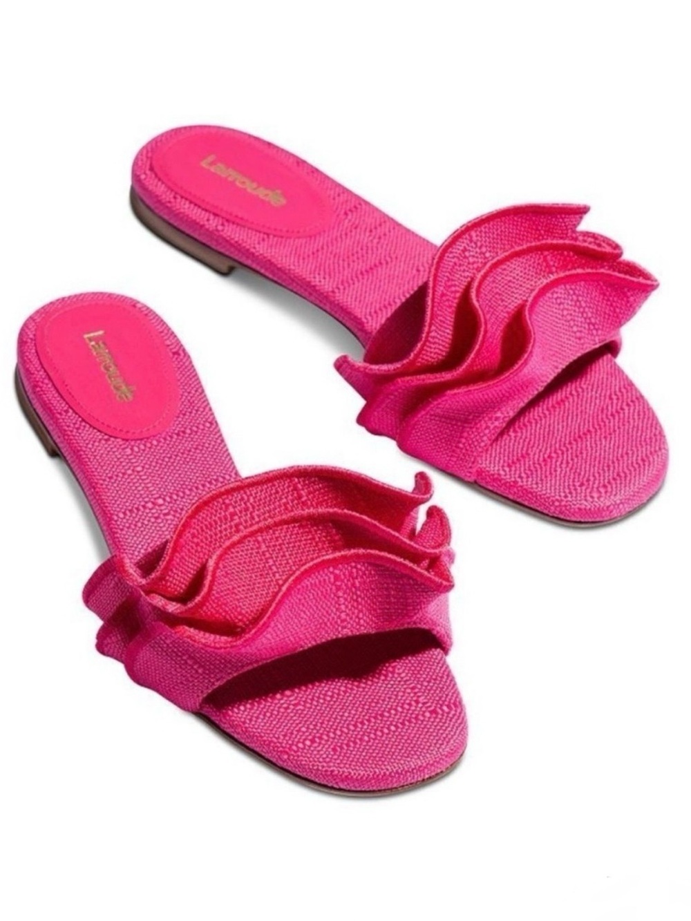 LARROUDE Ivy Ruffle Slip On Mule Flat Sandals in Pink Raffia Size 5 NWB